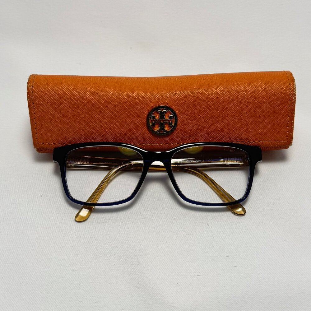 Tory Burch Black & Gold Square Eyeglass Frames with Orange Case